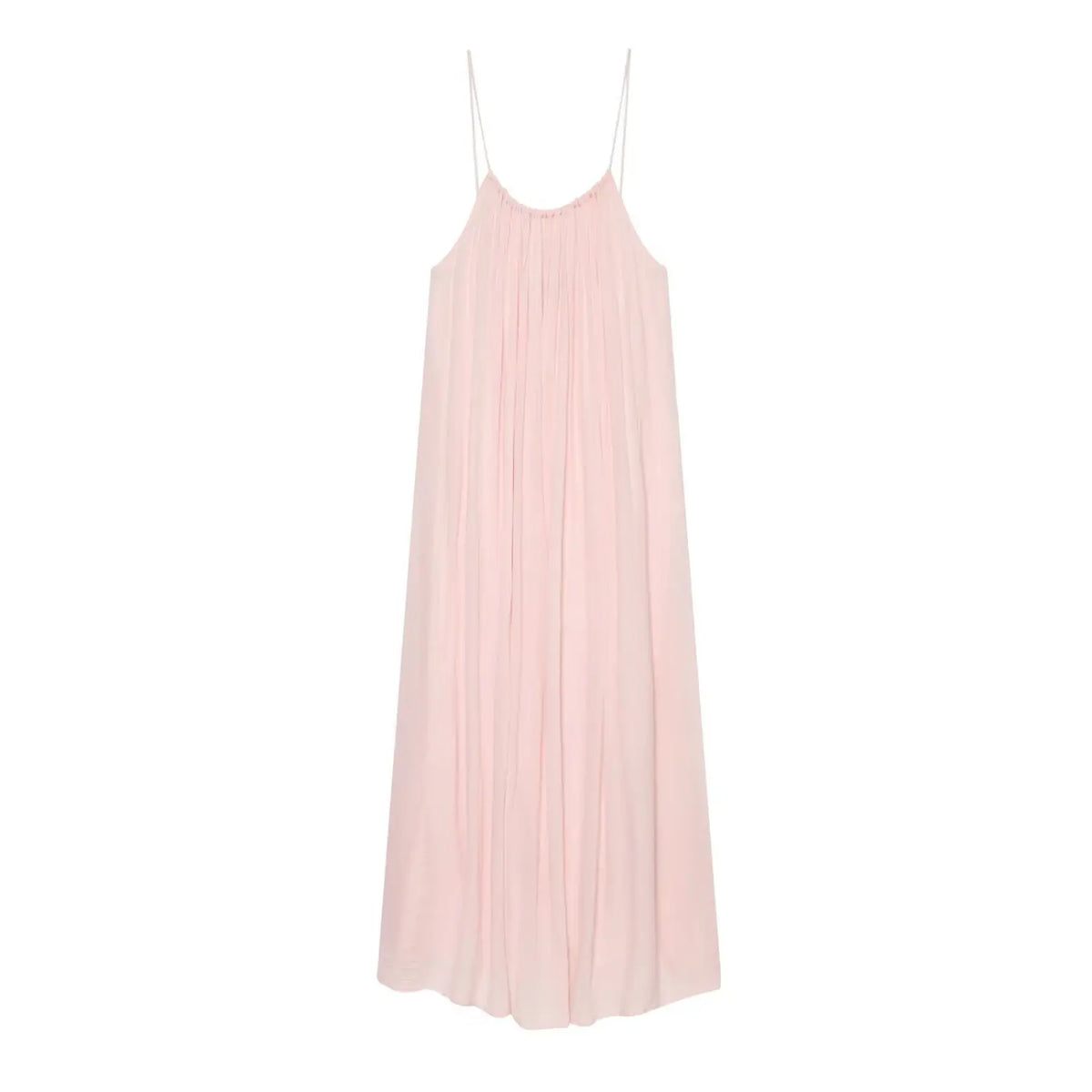 Flat lay front view of blush pink spaghetti strap flowy loose fit maxi dress
