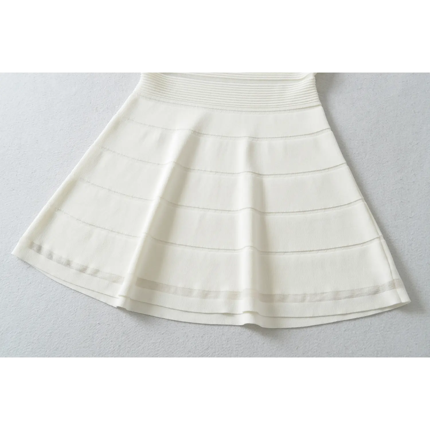 Dress body horizontal sheer stripe knit texture macro close-up, solid & mesh alternating rib stretch knit lightweight breathable sheer fabric touch shot