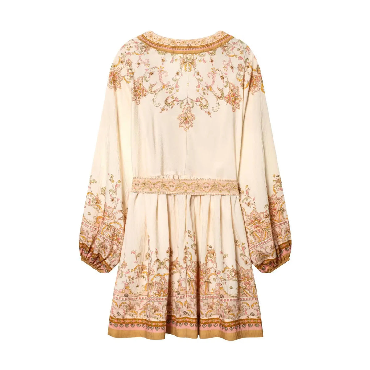 Back flat lay shot of cream boho paisley mini dress showing back print and elastic waist