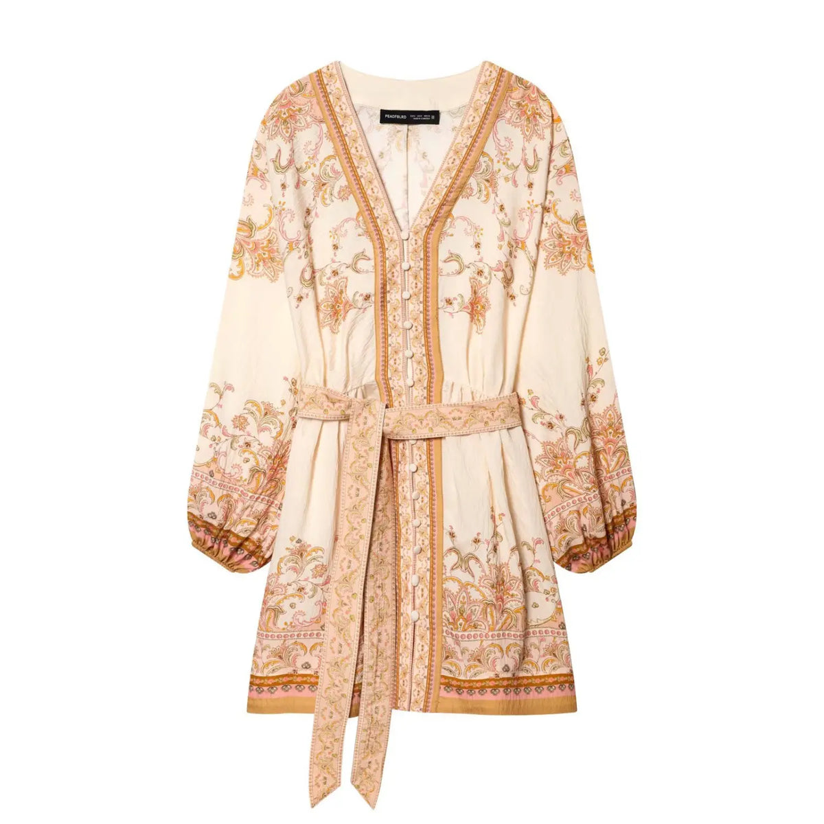 Front flat lay of cream boho paisley print mini dress, v‑neck, long balloon sleeves and matching fabric tie belt