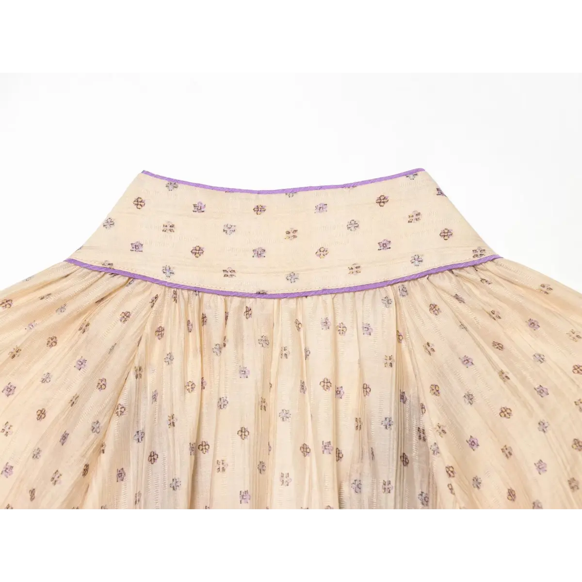 Close-up of the high collar and gathered yoke on a boho printed mini dress, showing the purple trim and small floral pattern.