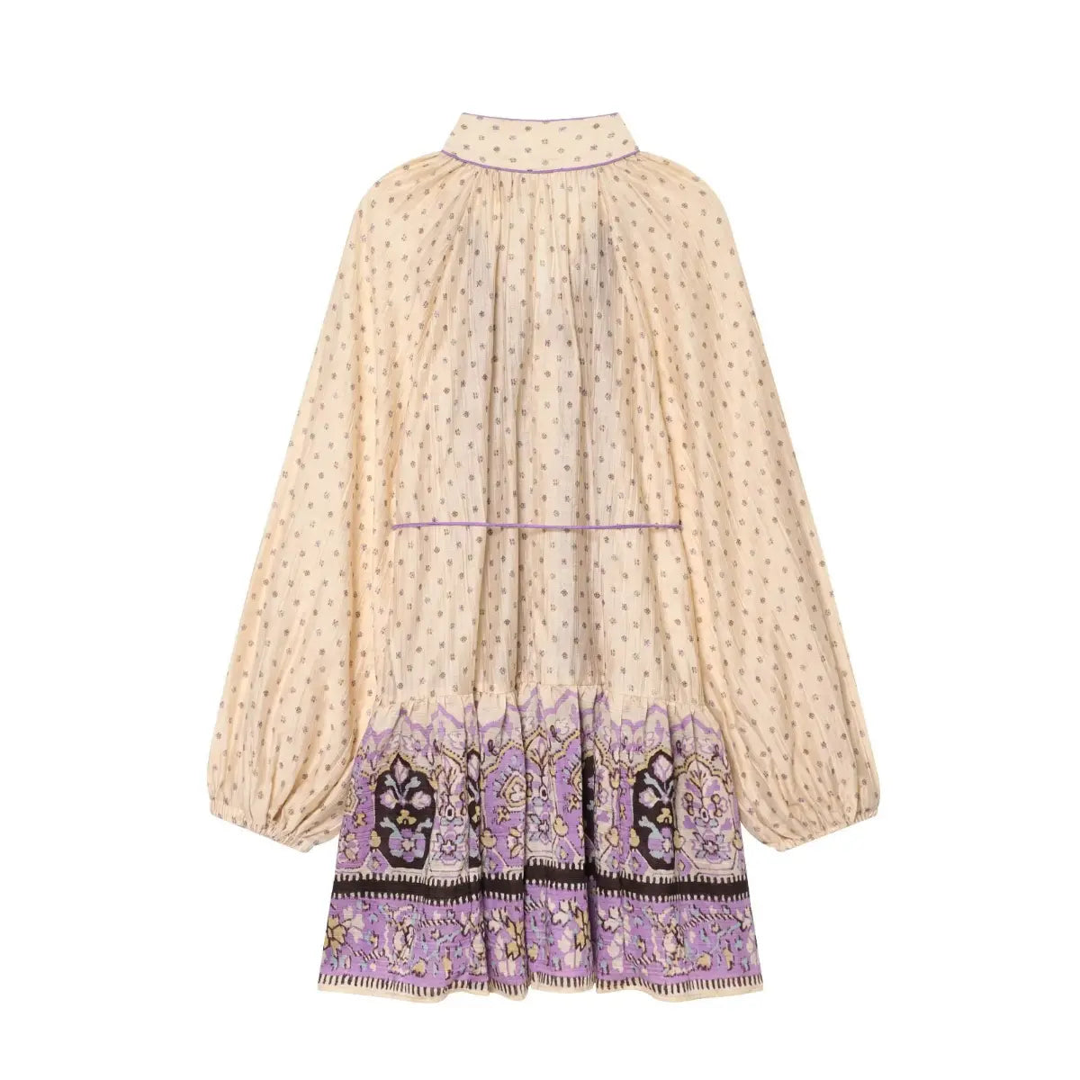 Close-up of the purple waist tie with gold bead accents on a boho printed mini dress.