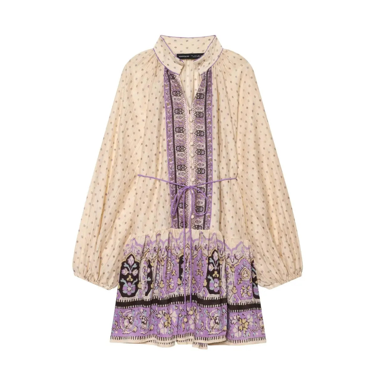 Full front view of a boho printed mini dress with balloon sleeves, decorative front panel, and gathered hem.
