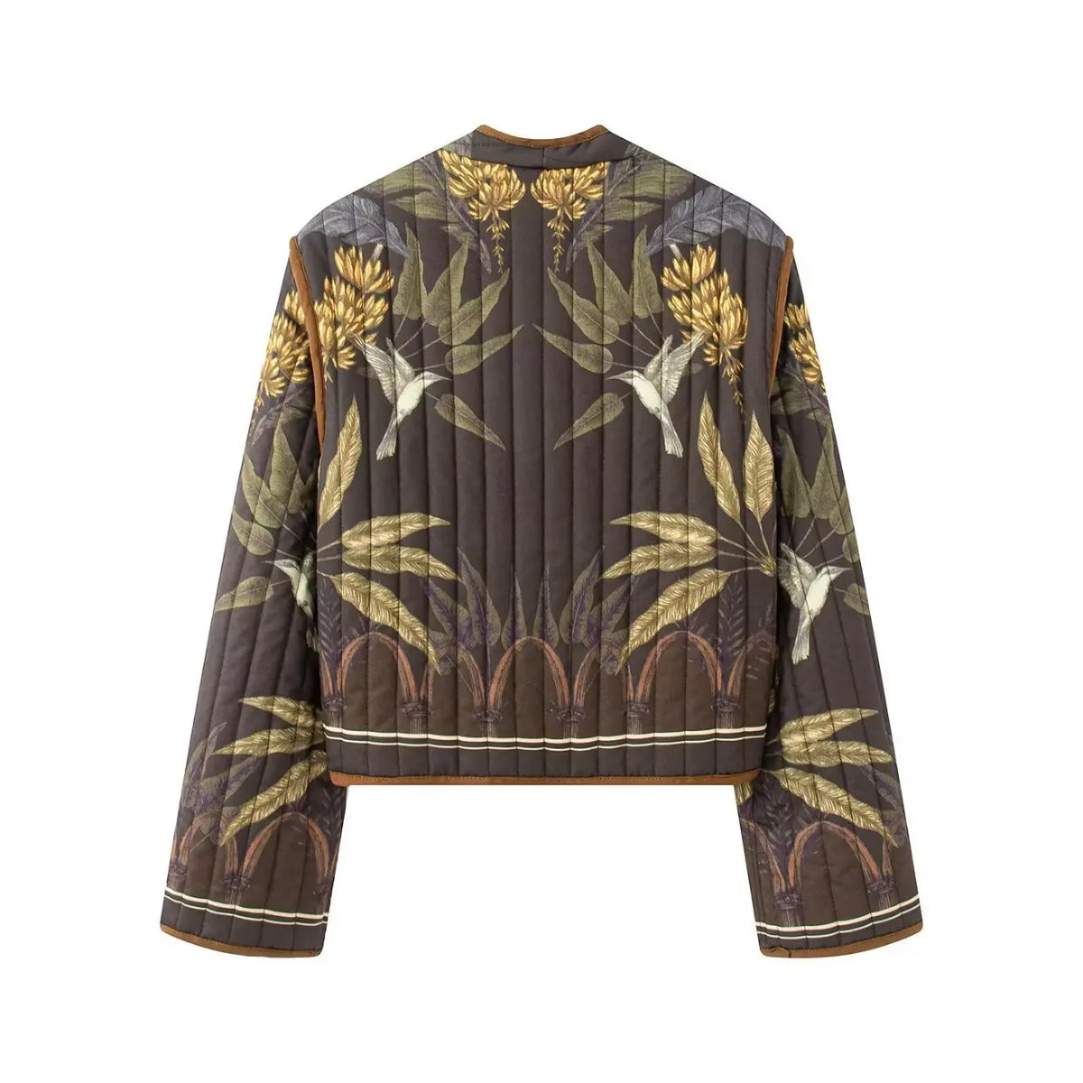 Botanical bird print quilted v neck cropped jacket, back flat lay