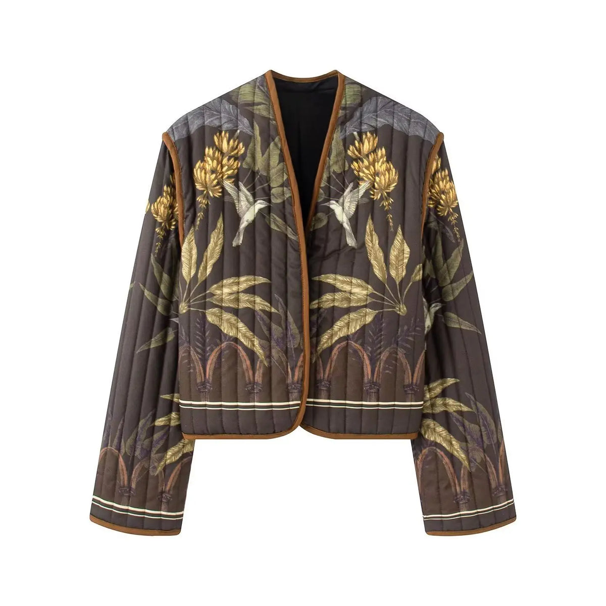 Botanical bird print quilted v neck cropped jacket, front flat lay