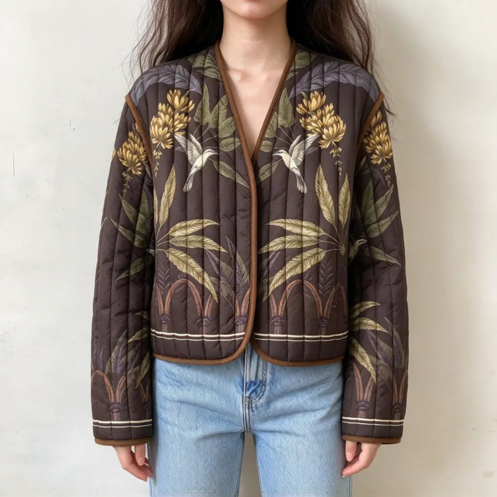 Model wearing botanical bird print quilted v neck cropped jacket with jeans, front view
