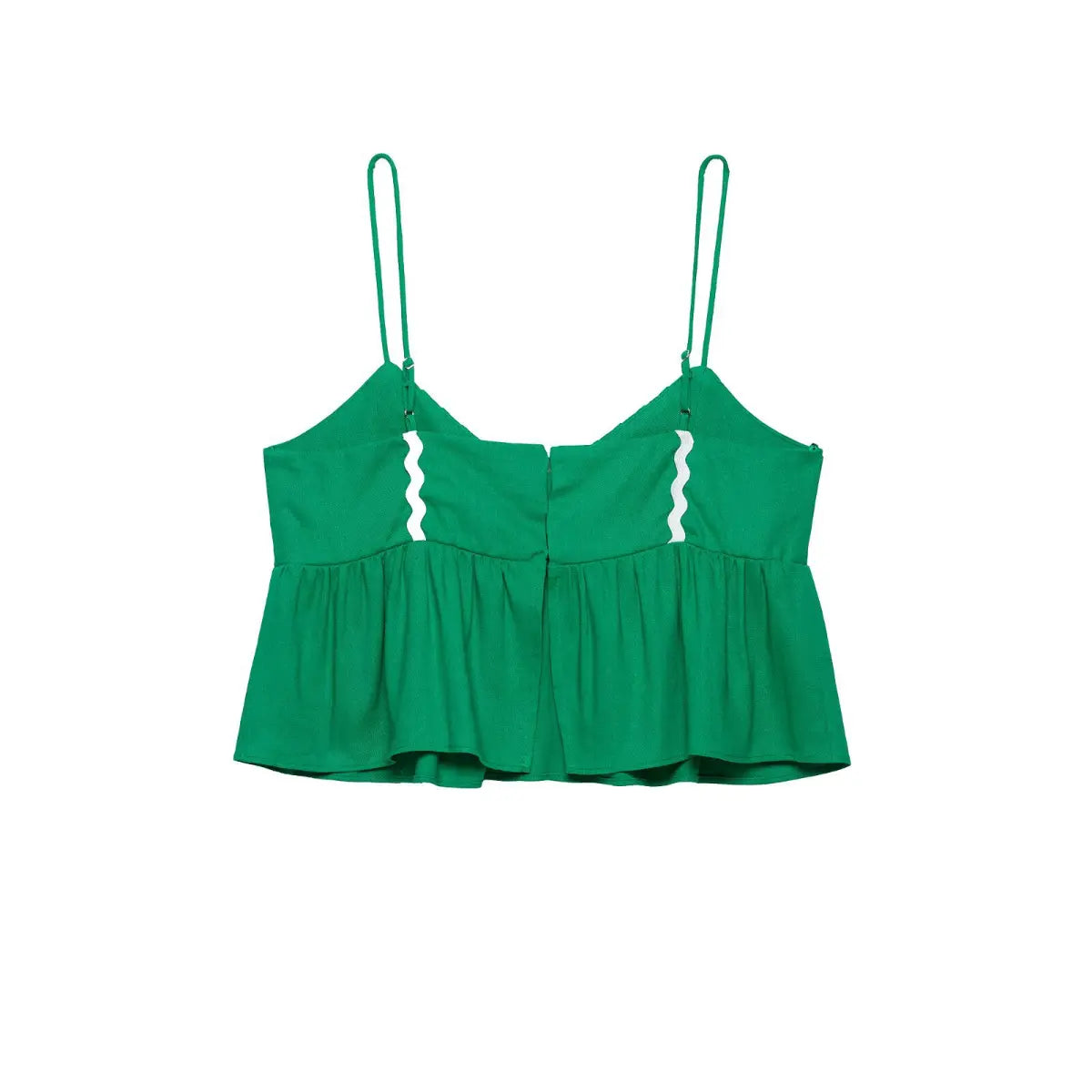 Full front flat lay v neck ric rac trim cropped peplum camisole