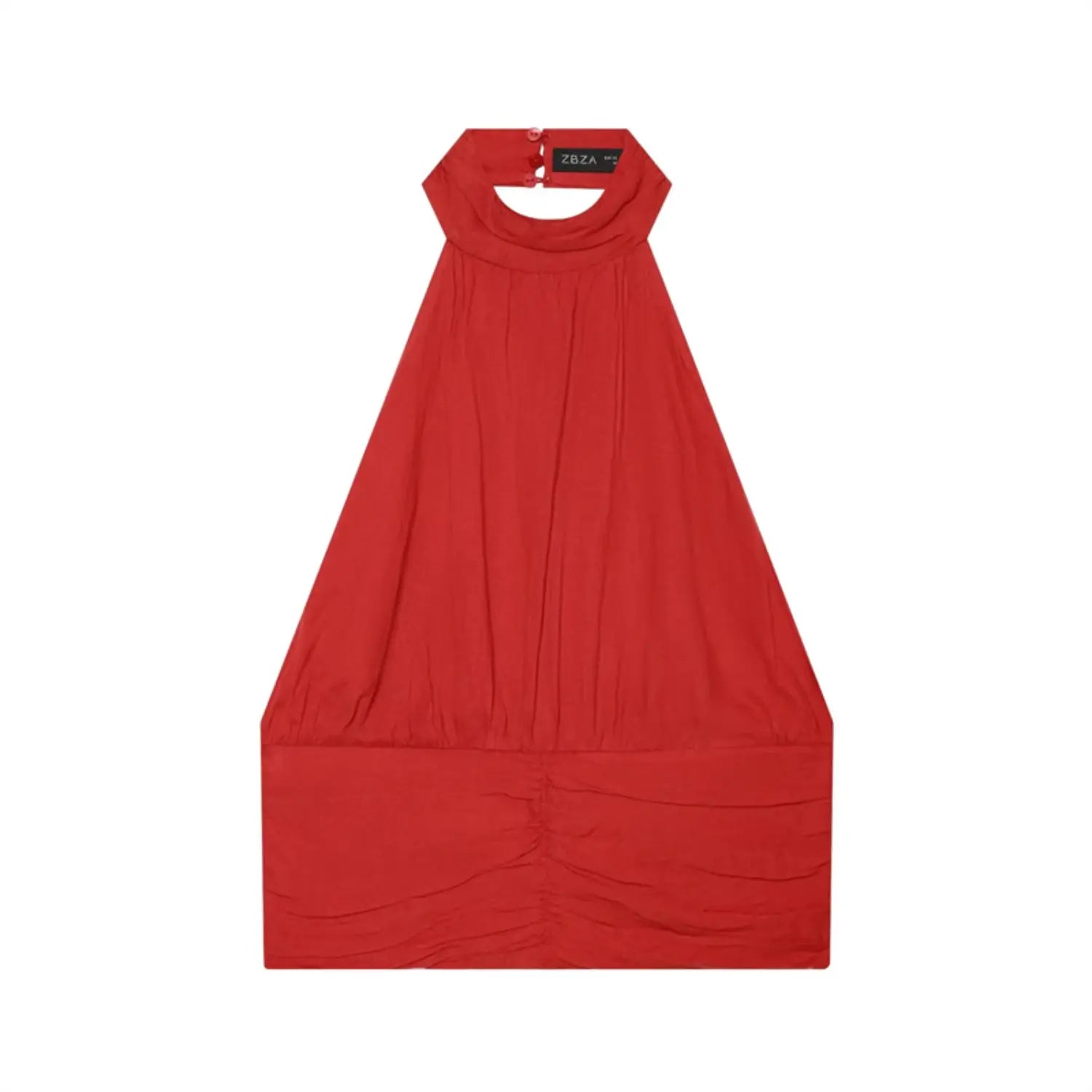 Full front flat lay of bright red halter cropped tank top, cowl halter neck, bust gathering, front waist ruched panel, lightweight woven fabric