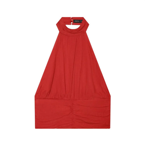 Full front flat lay of bright red halter cropped tank top, cowl halter neck, bust gathering, front waist ruched panel, lightweight woven fabric