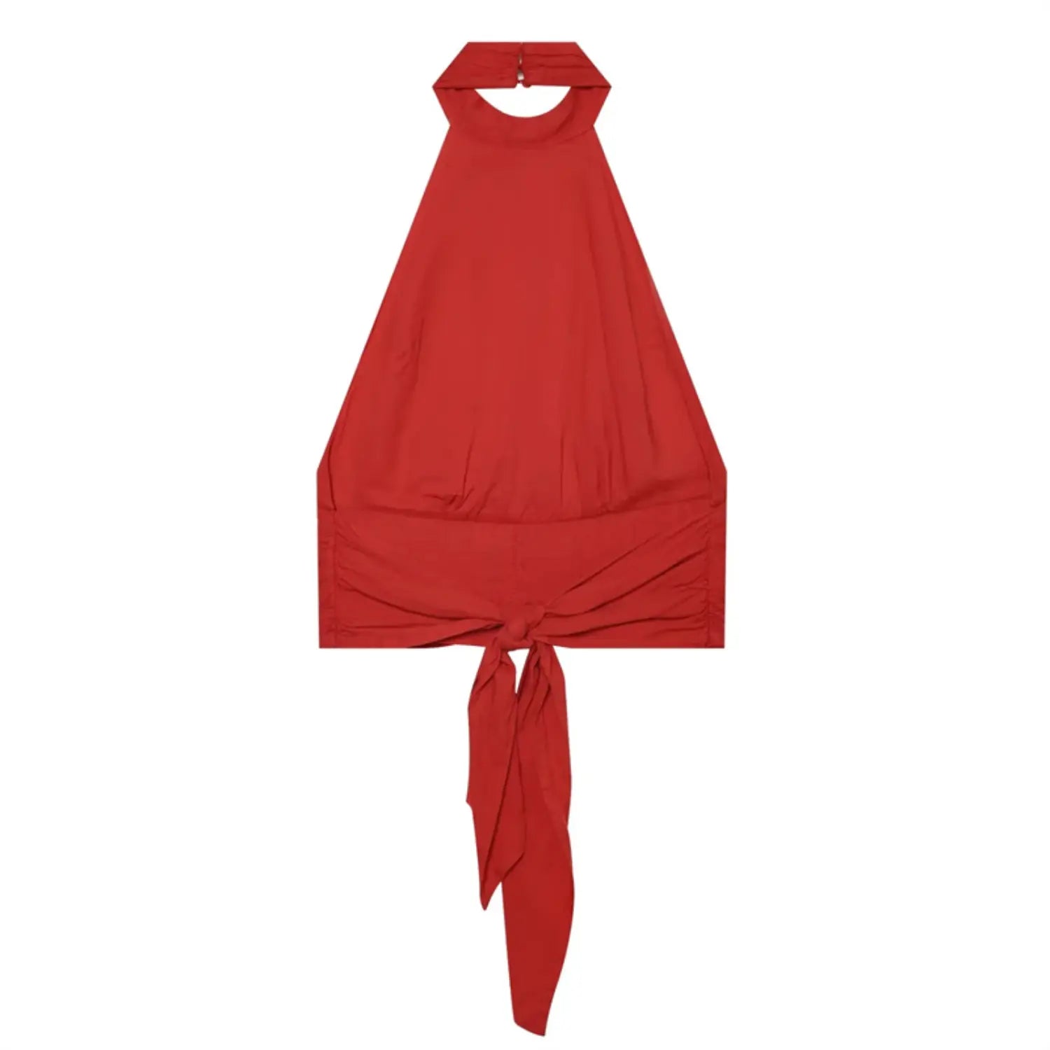 Complete back flat view, halter neck button closure, self-fabric long tie sash knotted at lower back, side waist shirring detail