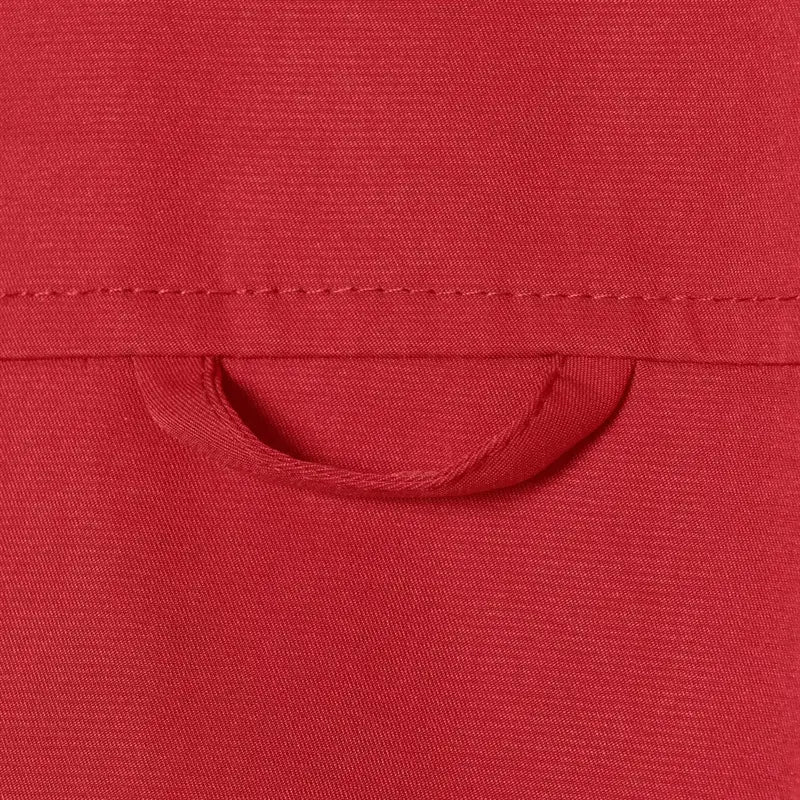Macro closeup back center fabric hanging loop tab, neat horizontal seam stitching