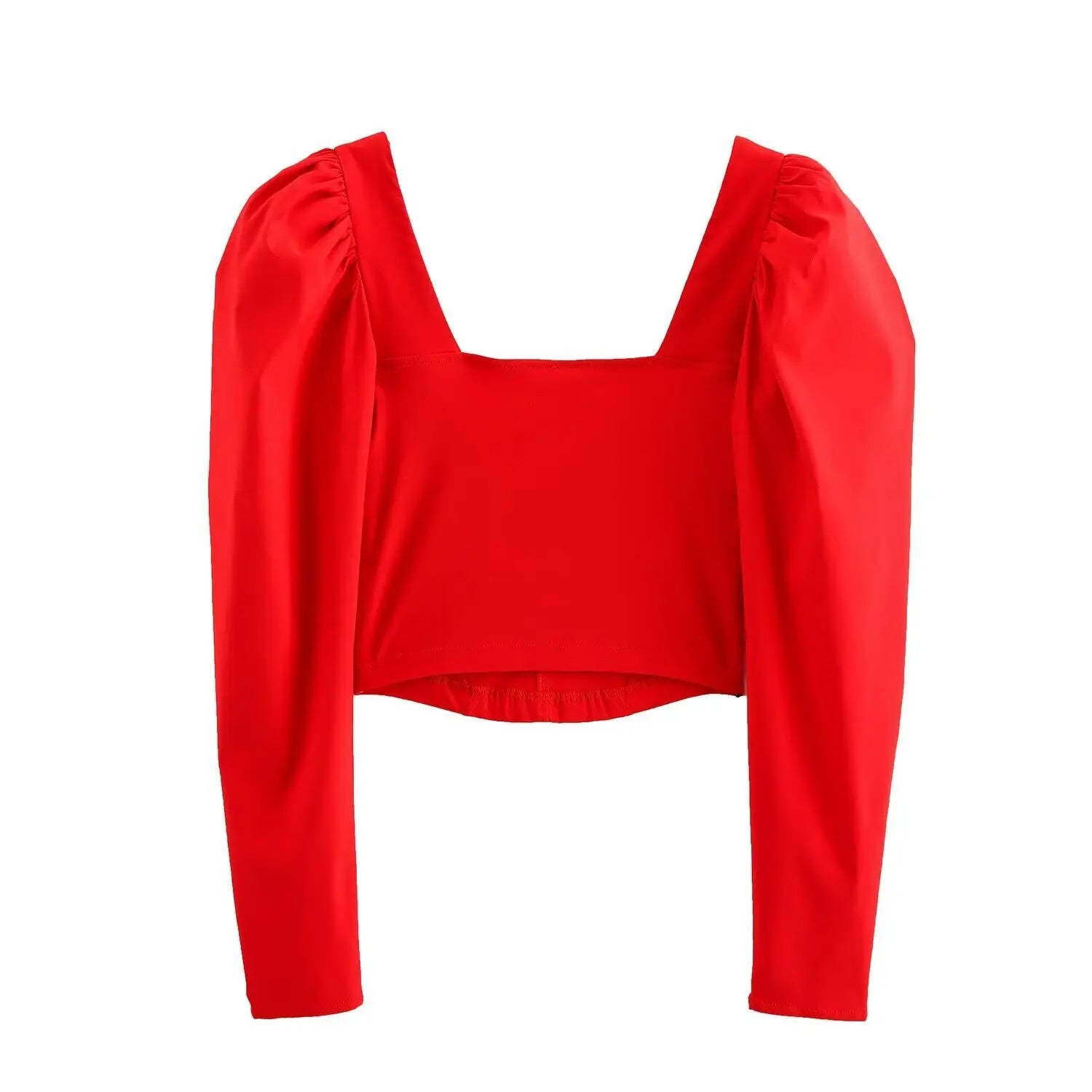 Full back view on white background bright red puff sleeve square neck corset crop top