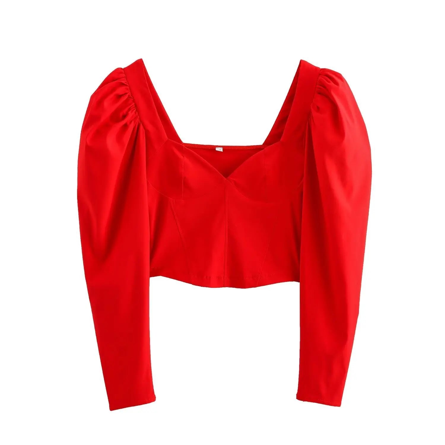 Full front view on white background bright red puff sleeve square neck corset crop top