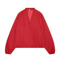 Hanger full front shot bright red crossover wrap lightweight outer jacket, deep v neck, two side pockets