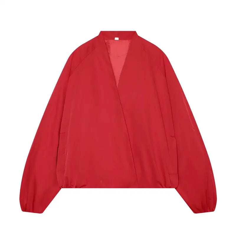 Hanger full front shot bright red crossover wrap lightweight outer jacket, deep v neck, two side pockets