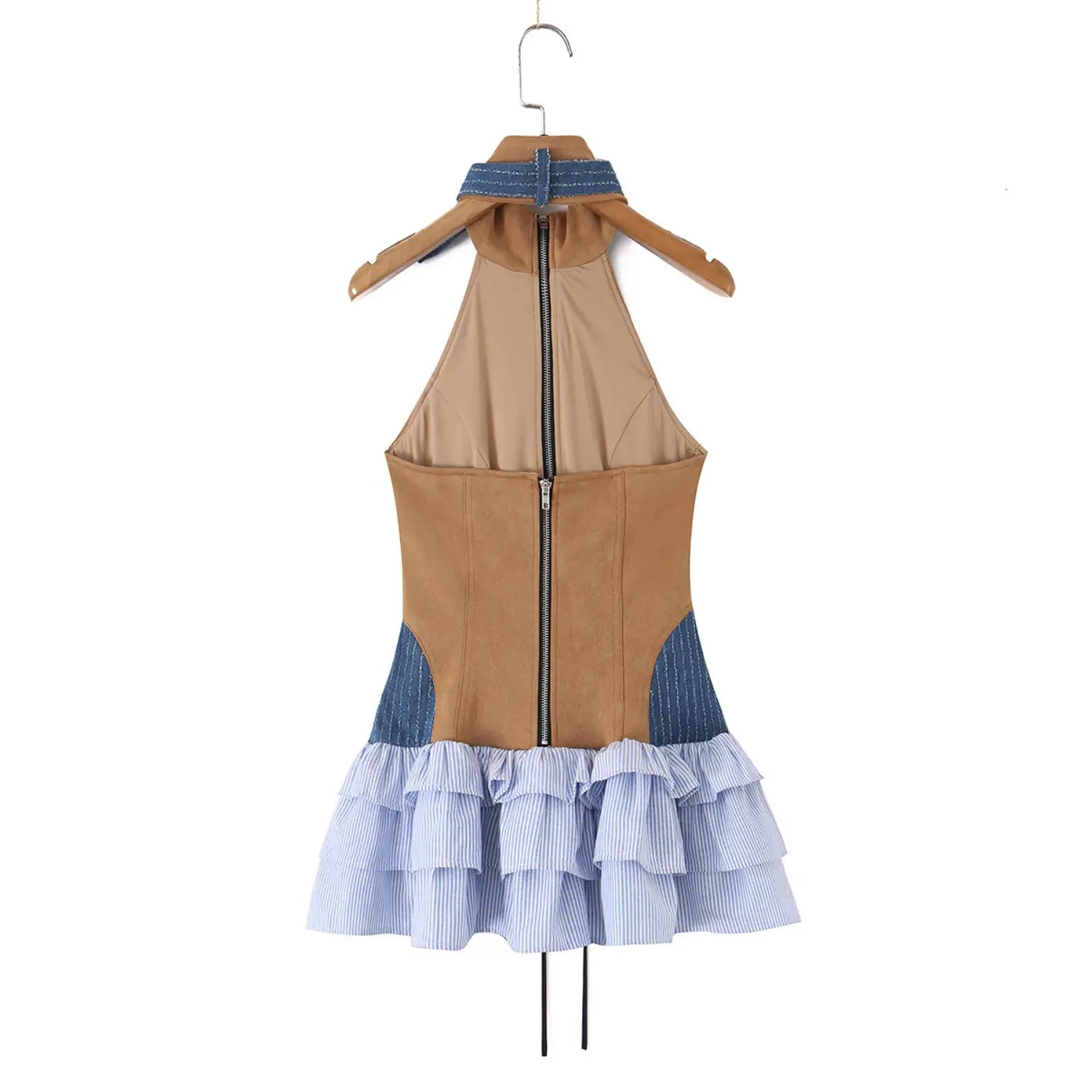 Back view of the halter dress hanging on a wooden hanger, showing the central zipper and full silhouette