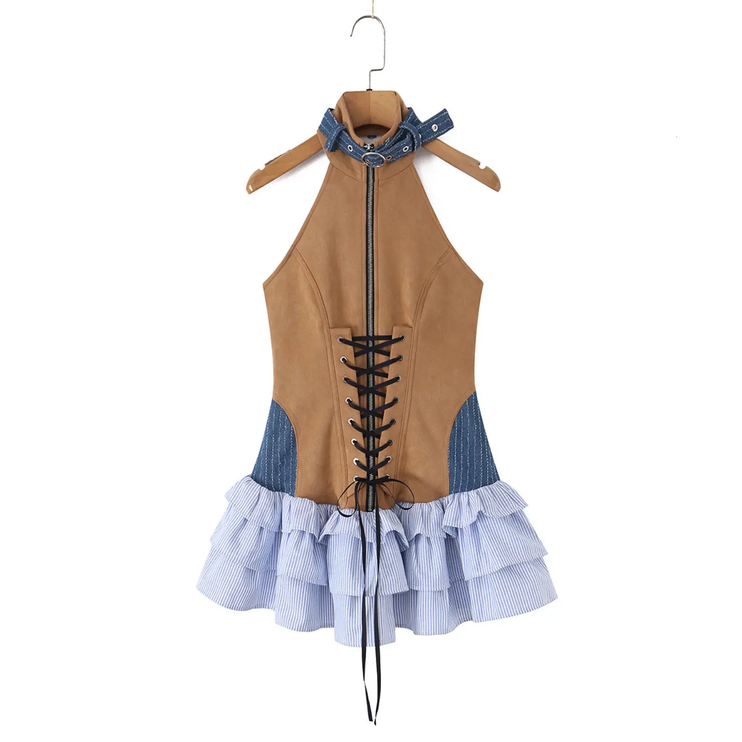  Front view of the halter dress hanging on a wooden hanger, highlighting the lace-up front and tiered skirt