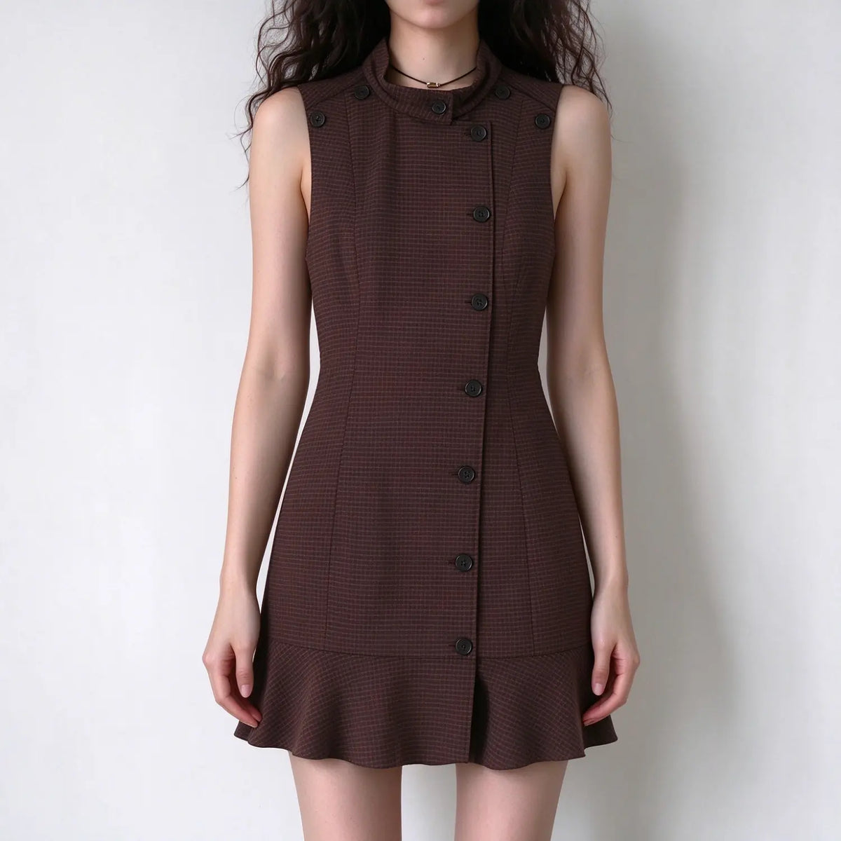 Model wearing brown check sleeveless mini dress, stand collar, side button placket, fitted waist, ruffle hem, front view