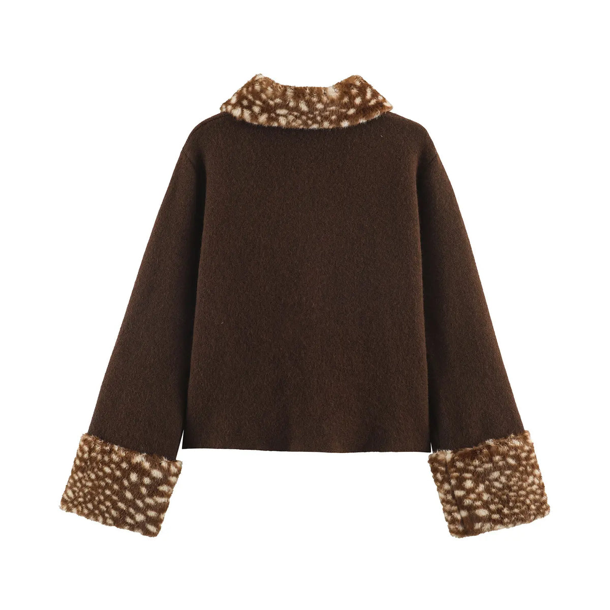 Back flat lay of brown deer spot faux fur collar knit cardigan