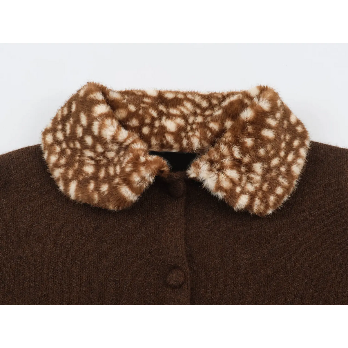 Close-up of faux fur collar and button placket