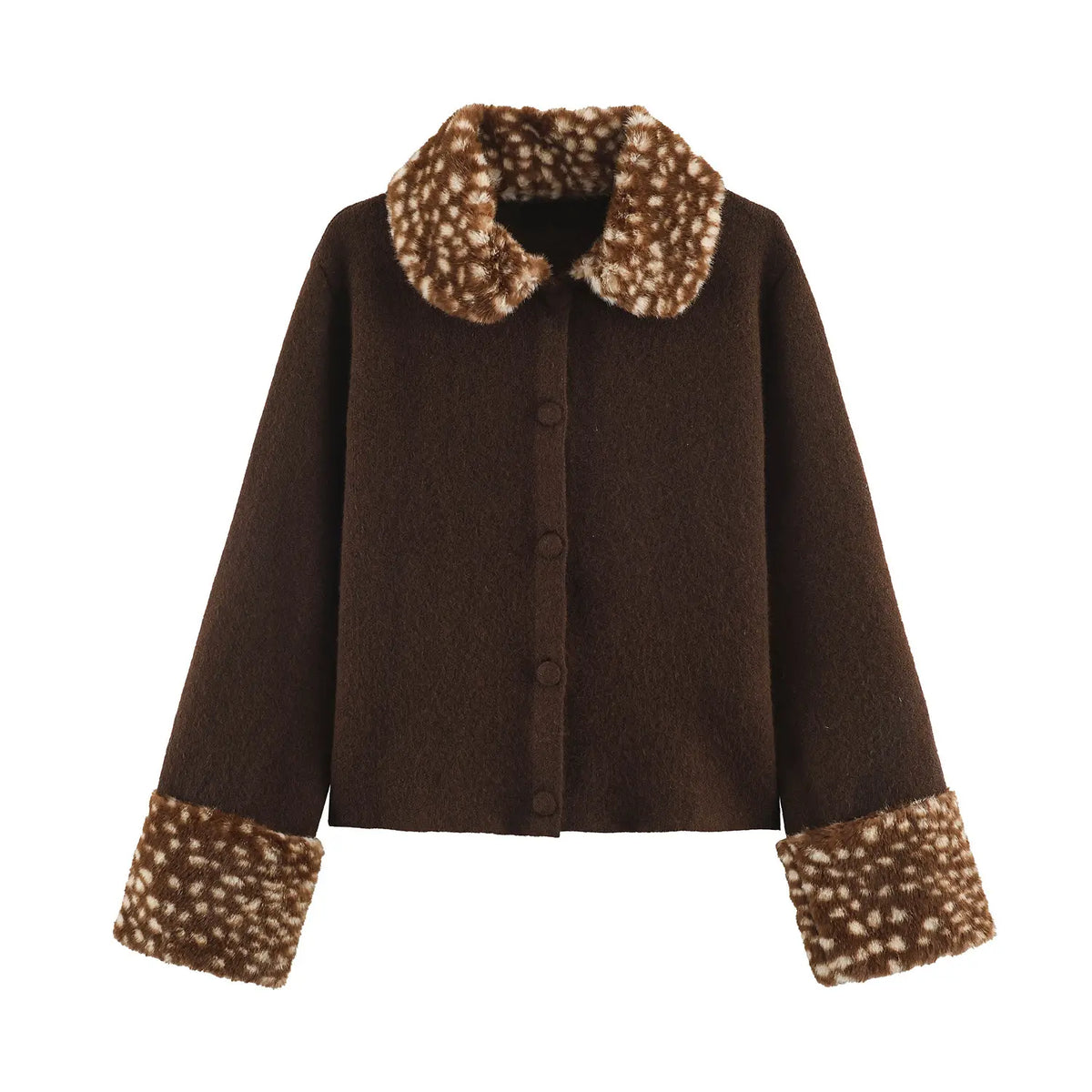 Front flat lay of brown deer spot faux fur collar knit cardigan
