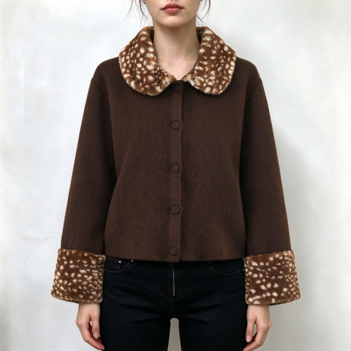 Model wearing brown deer spot faux fur collar knit cardigan, front view