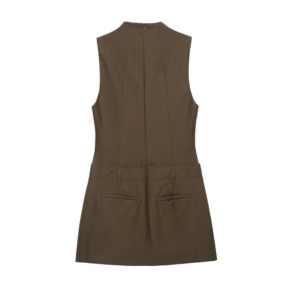 Back view of brown sleeveless mini dress with welt pockets