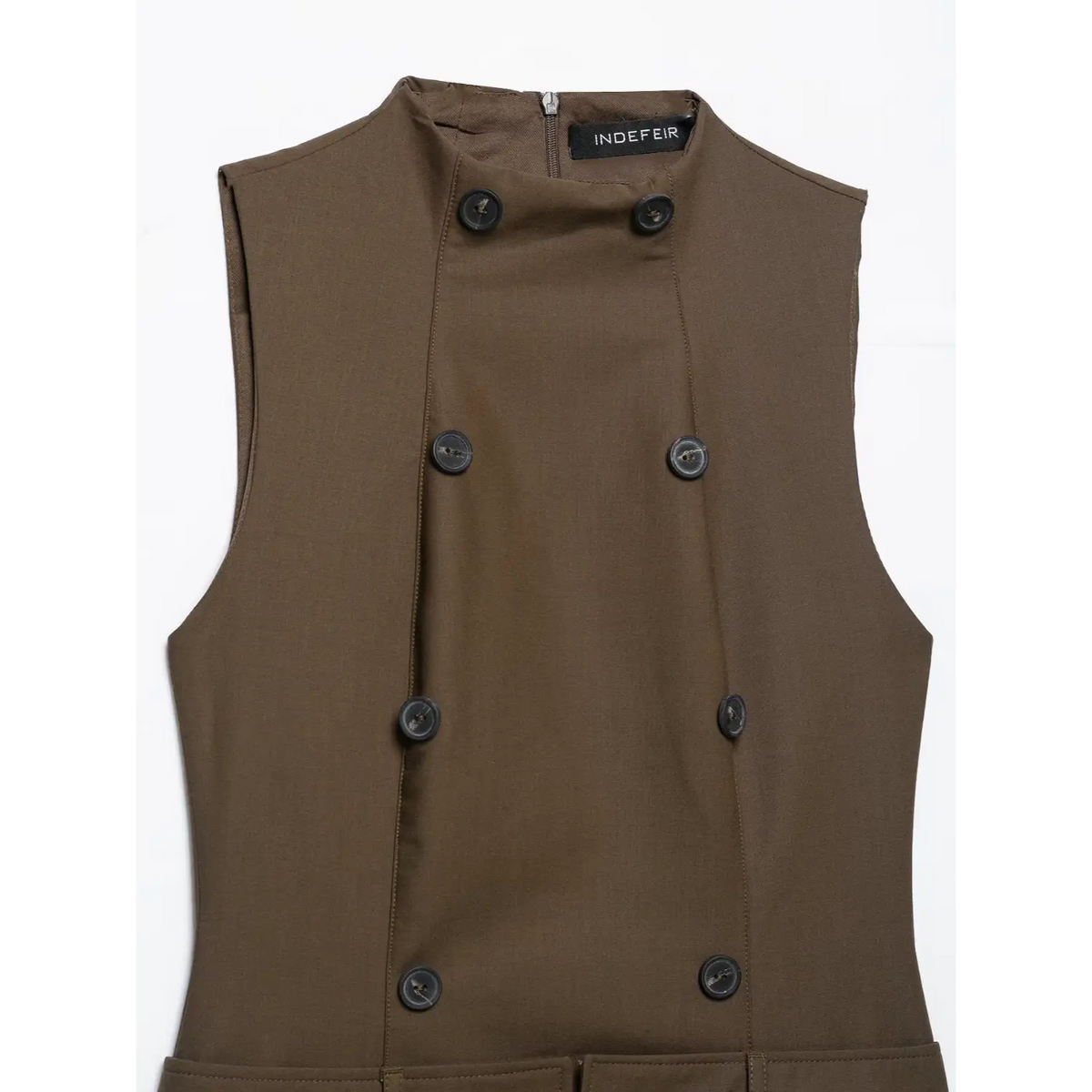 Close-up of double breasted button placket and stand collar