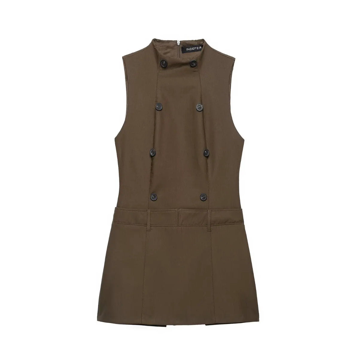 Front view of brown stand collar double breasted sleeveless mini dress on white background