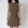 Model wearing brown stand collar double breasted sleeveless mini dress