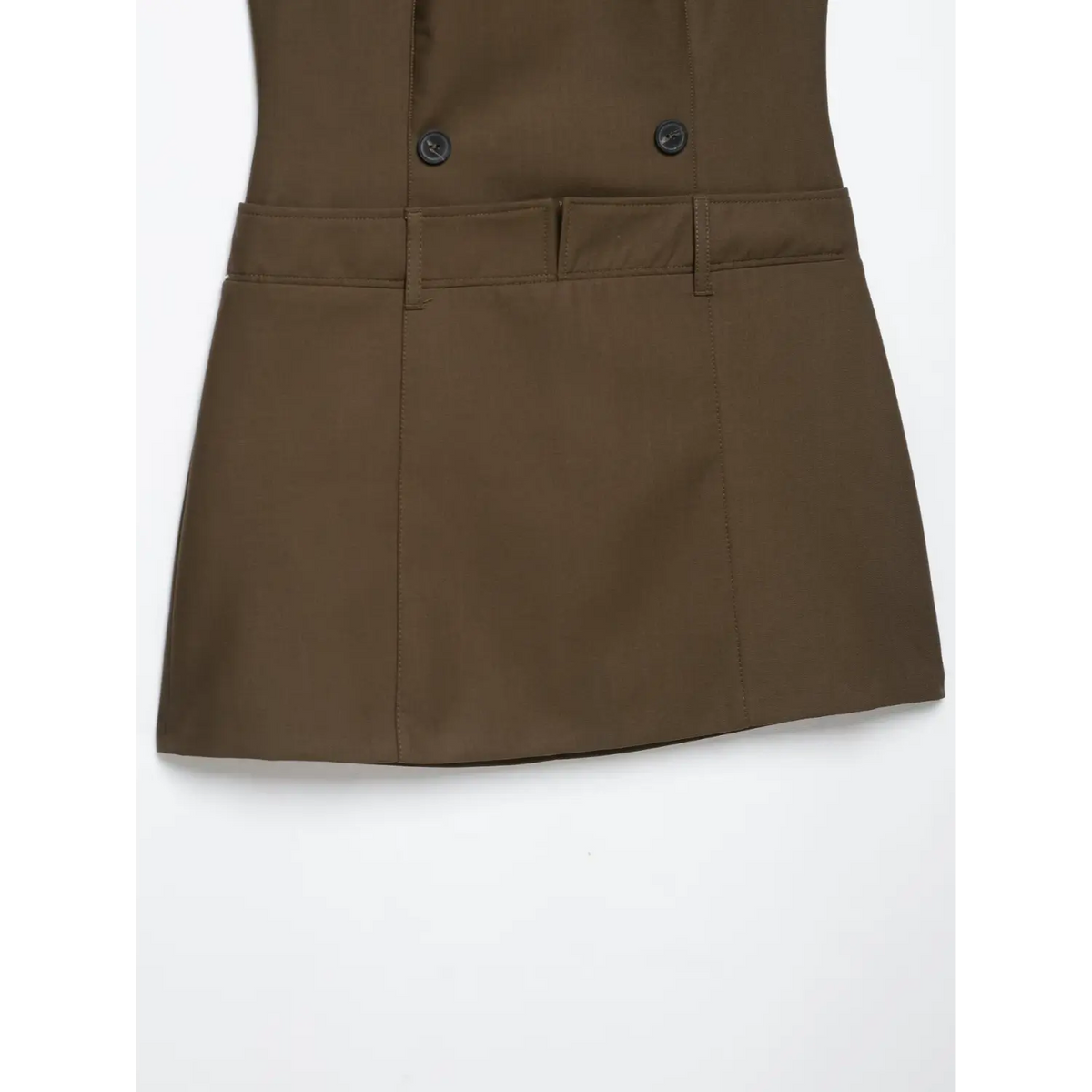 Close-up of waistband and A line skirt on brown mini dress