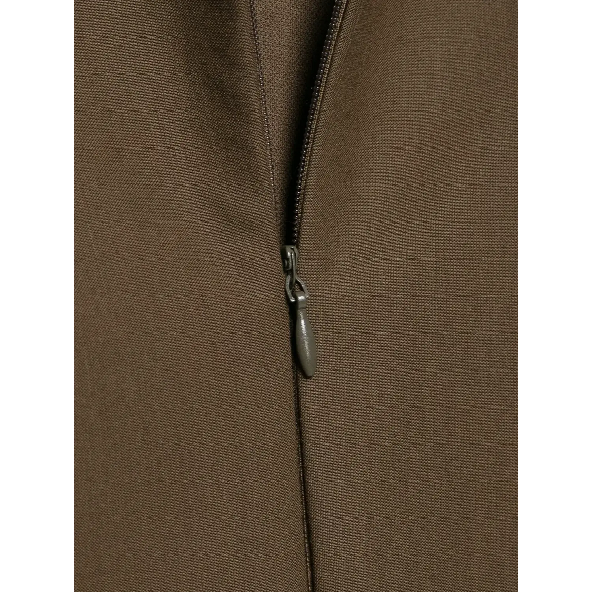 Close-up of back neck zipper pull on brown mini dress