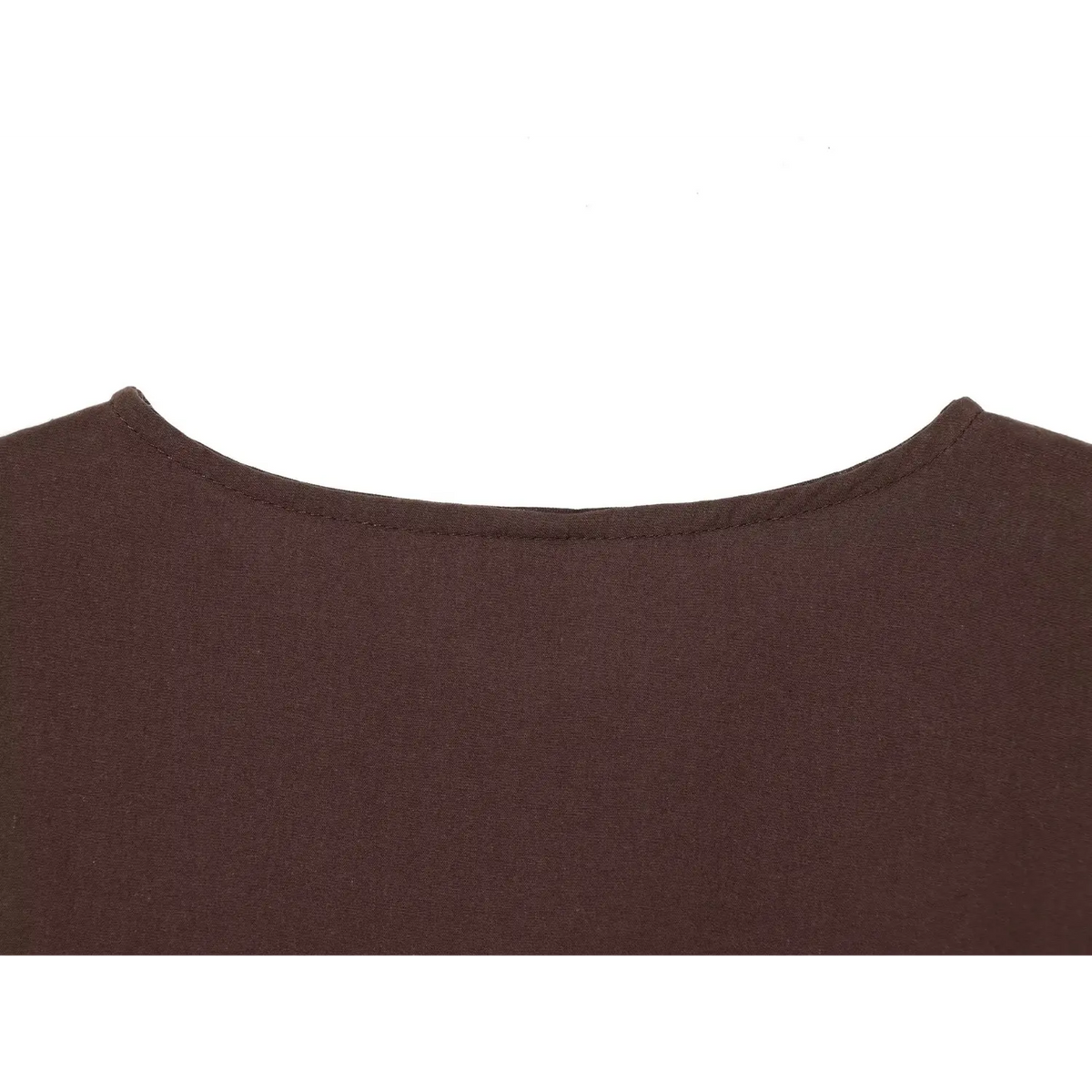 Close view of back round neck seam and smooth solid brown fabric of women mini dress