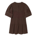 Front view of brown embroidered mini dress, round neck, puff elbow sleeves, front button placket, eyelet cutwork and tiered ruffle hem