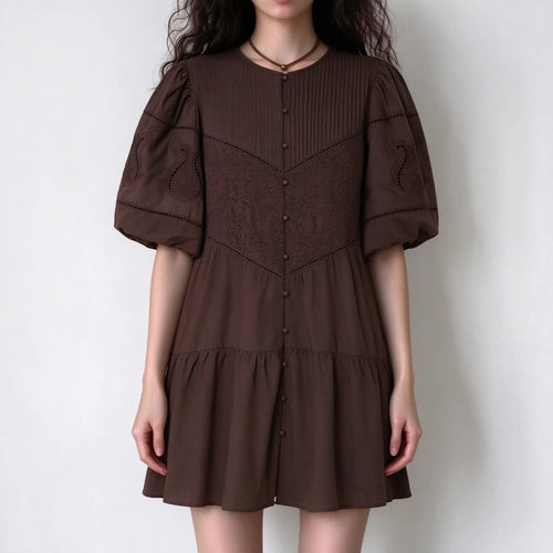 Model wearing brown embroidered mini dress with puff short sleeves, front button placket, eyelet lace embroidery, tiered hem, white background