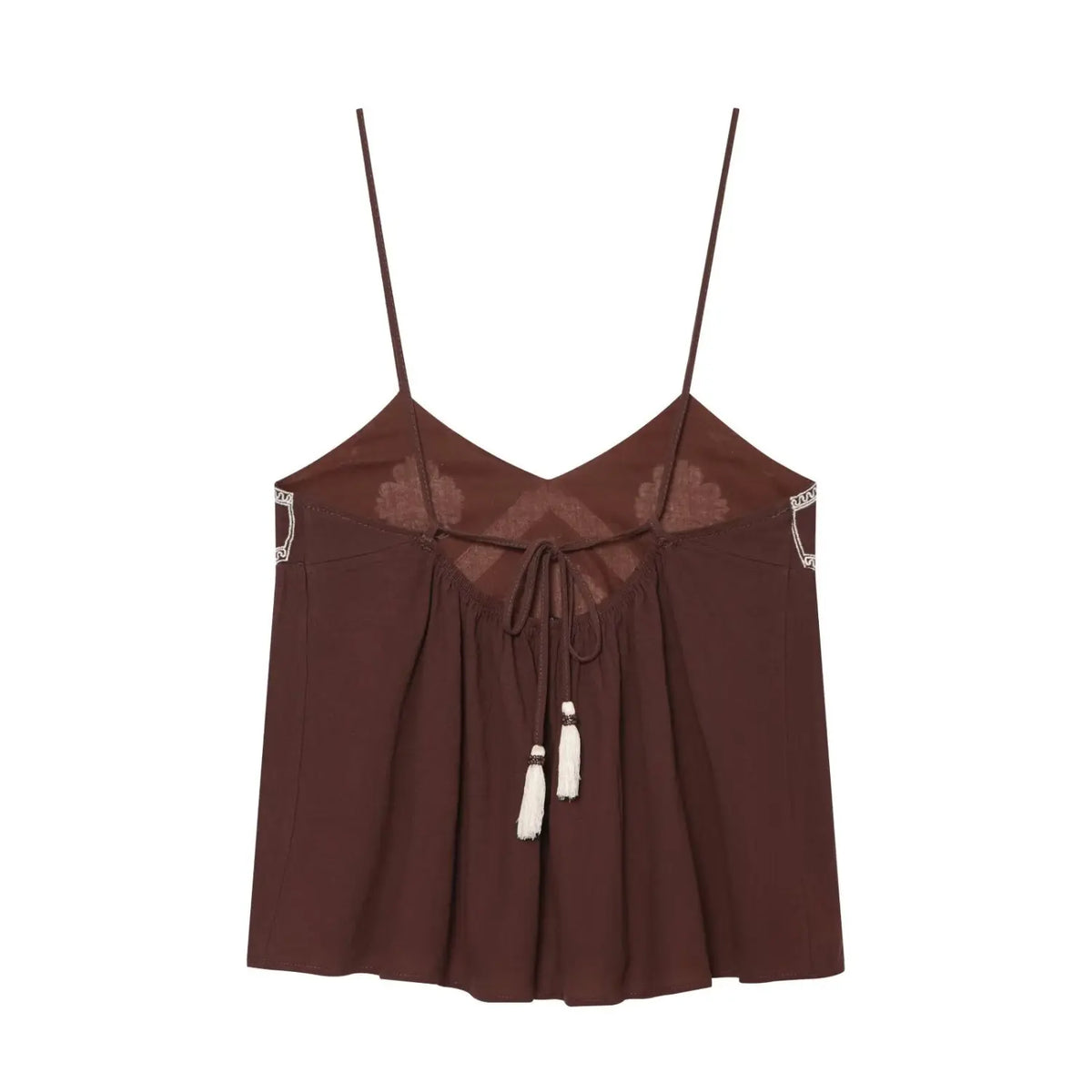 Back flat lay of brown embroidered tassel tie cami top