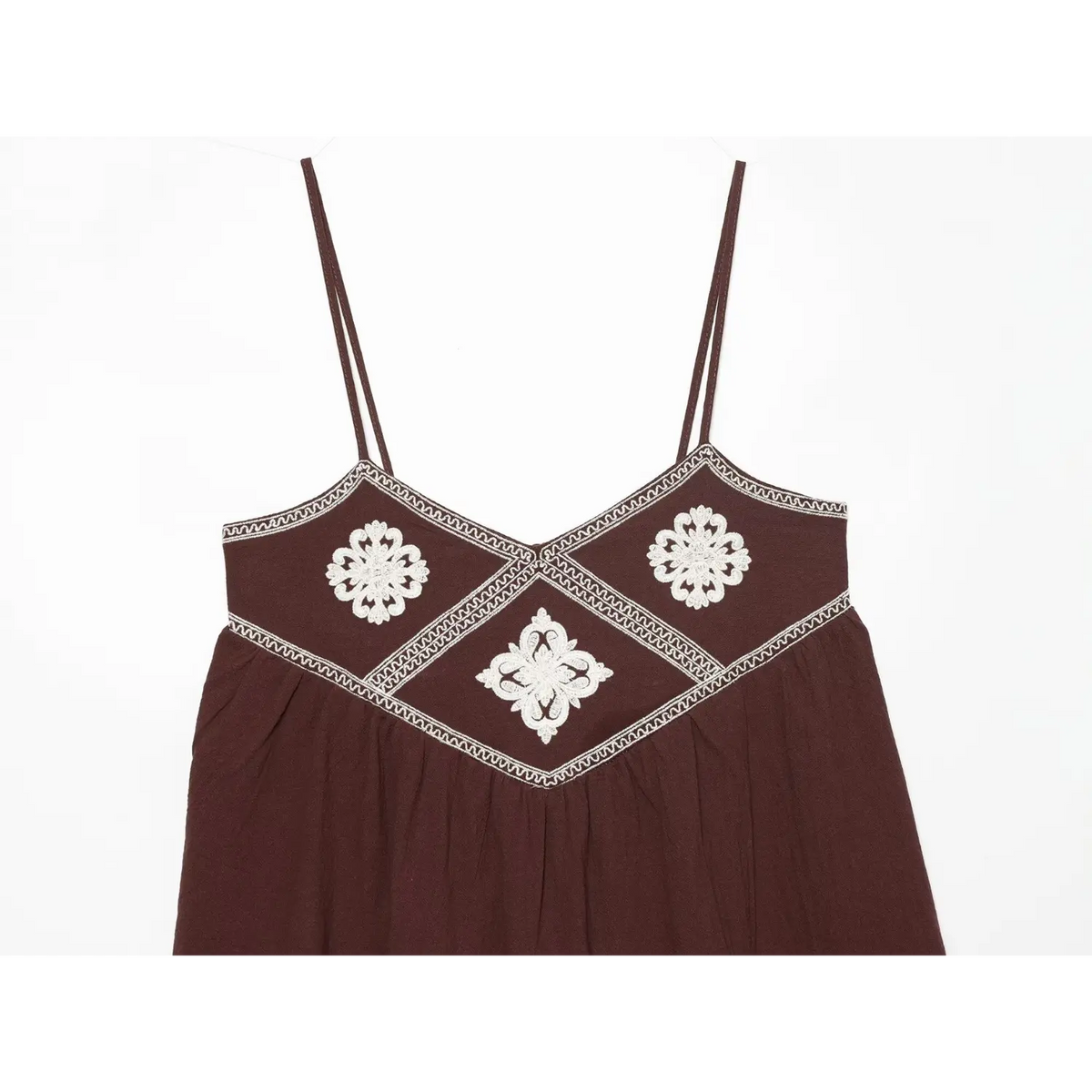 Close-up of embroidered bodice and V neckline