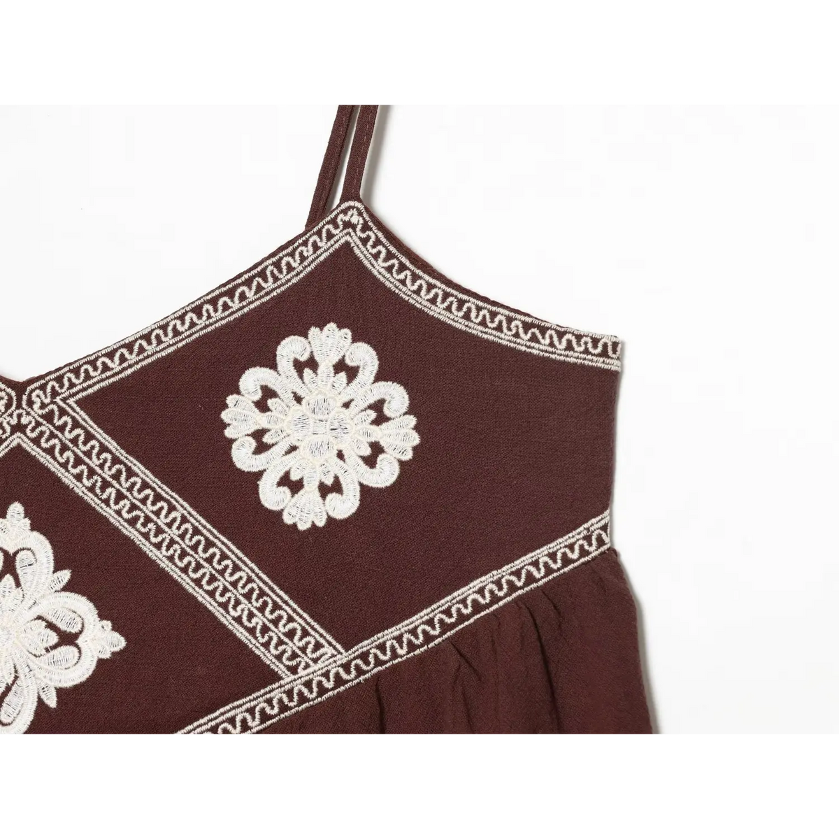 Close-up of white floral medallion embroidery