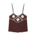 Front flat lay of brown embroidered tassel tie cami top