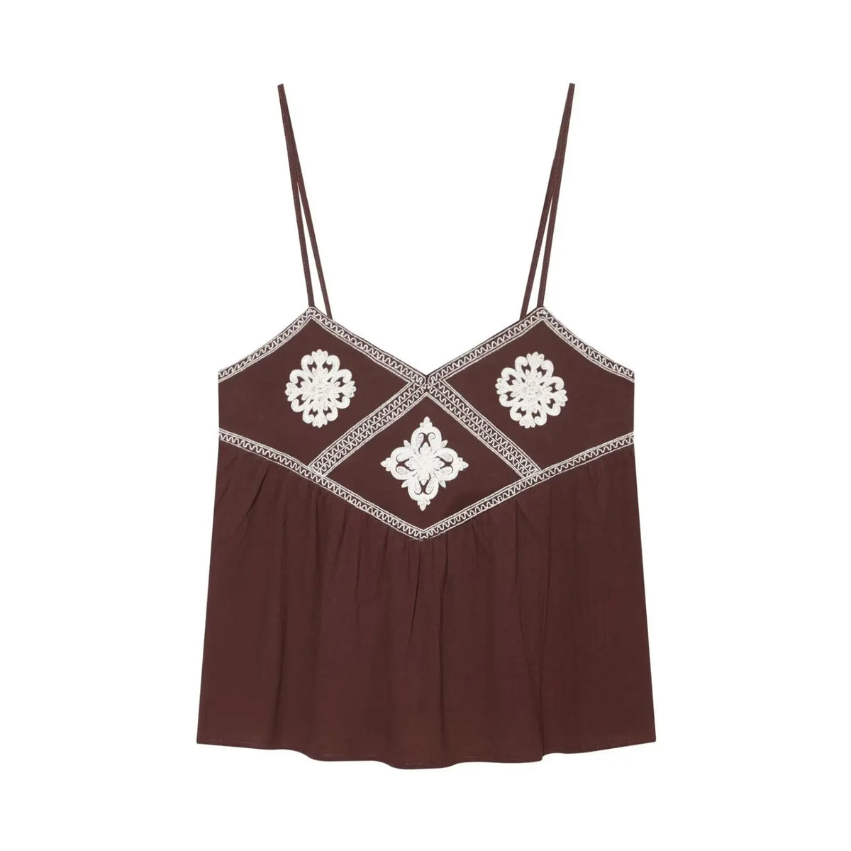 Front flat lay of brown embroidered tassel tie cami top