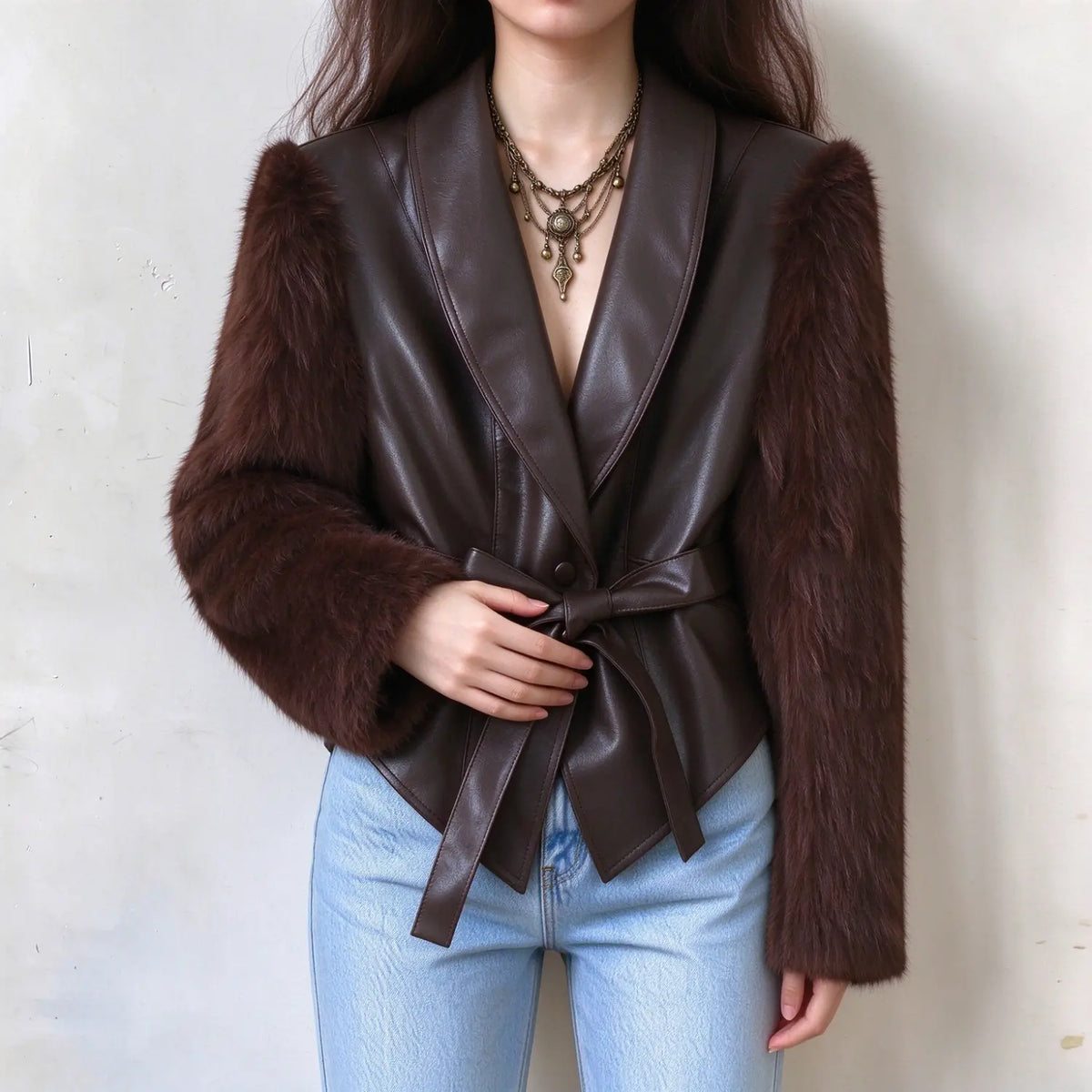 Female model wearing brown faux leather fur sleeve jacket, one hand adjusting front waist belt, showing tailored waist silhouette