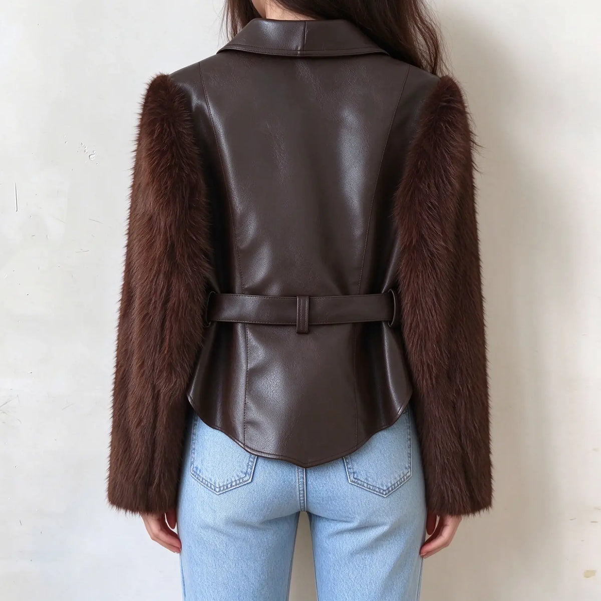 Back view of female model in brown faux leather jacket with full faux fur sleeves, matching back waist belt, curved back hem design
