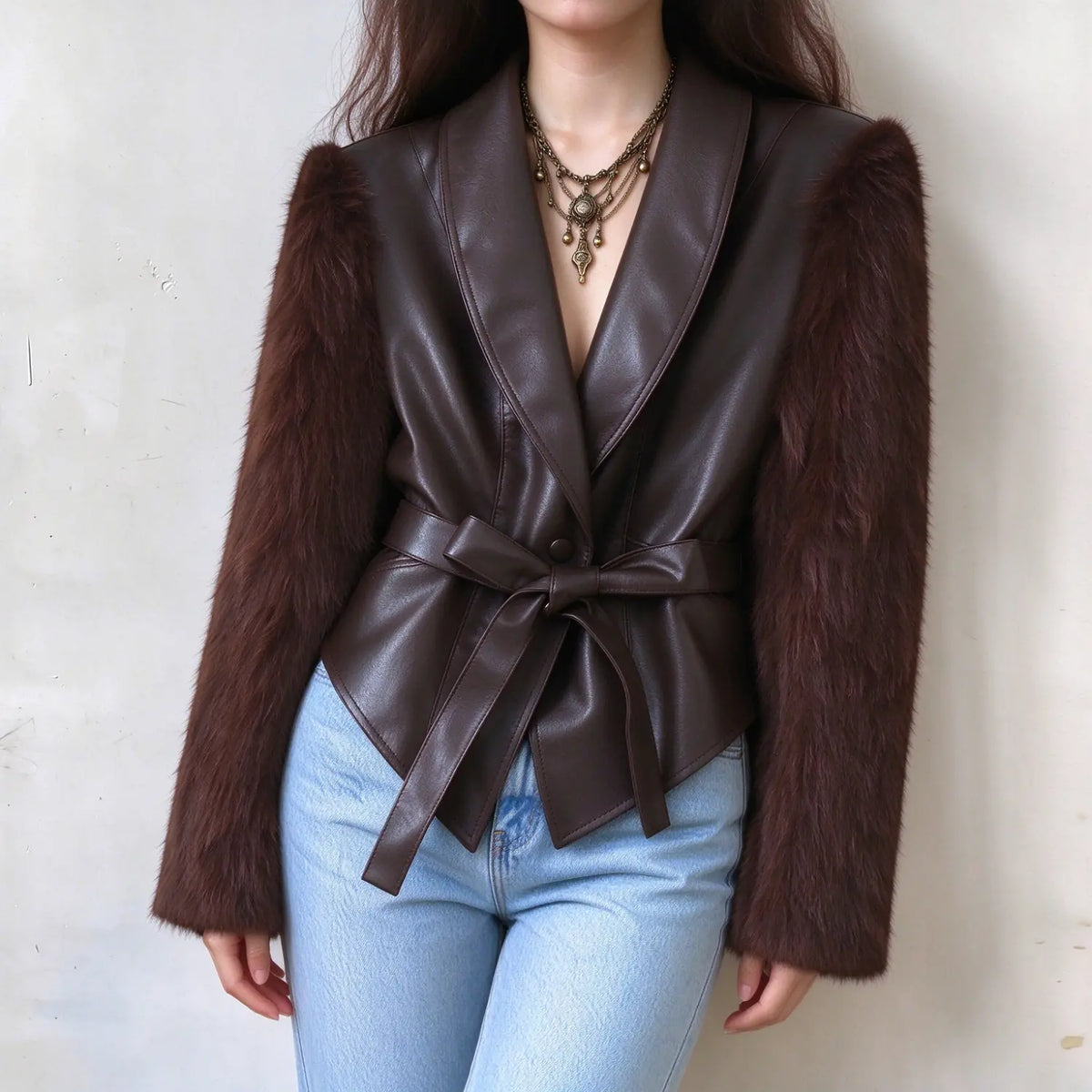 Female model in dark brown faux leather and fur sleeve belted jacket, slight side front angle, show asymmetrical hem detail