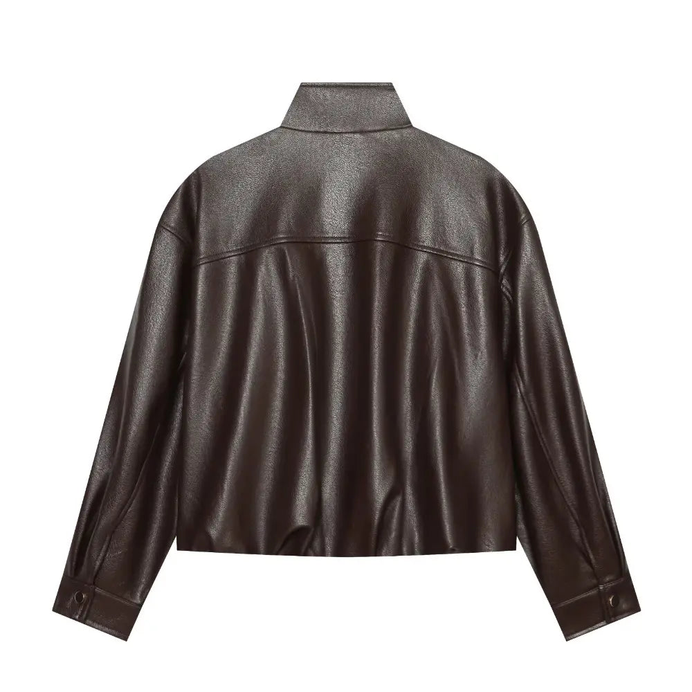 Brown faux leather stand collar button jacket, back flat lay