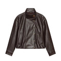 Brown faux leather stand collar button jacket, front flat lay
