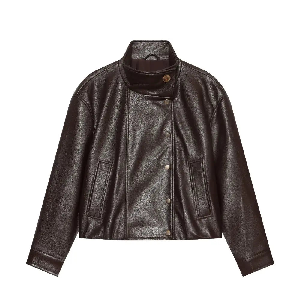 Brown faux leather stand collar button jacket, front flat lay