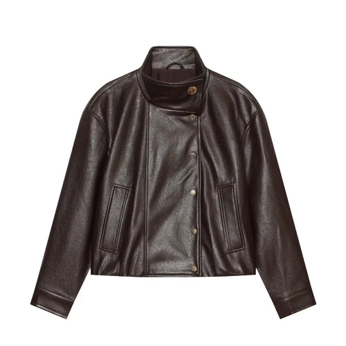Brown faux leather stand collar button jacket, front flat lay
