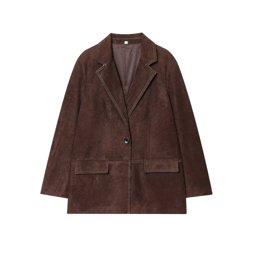 Brown faux suede contrast stitch blazer, front flat lay