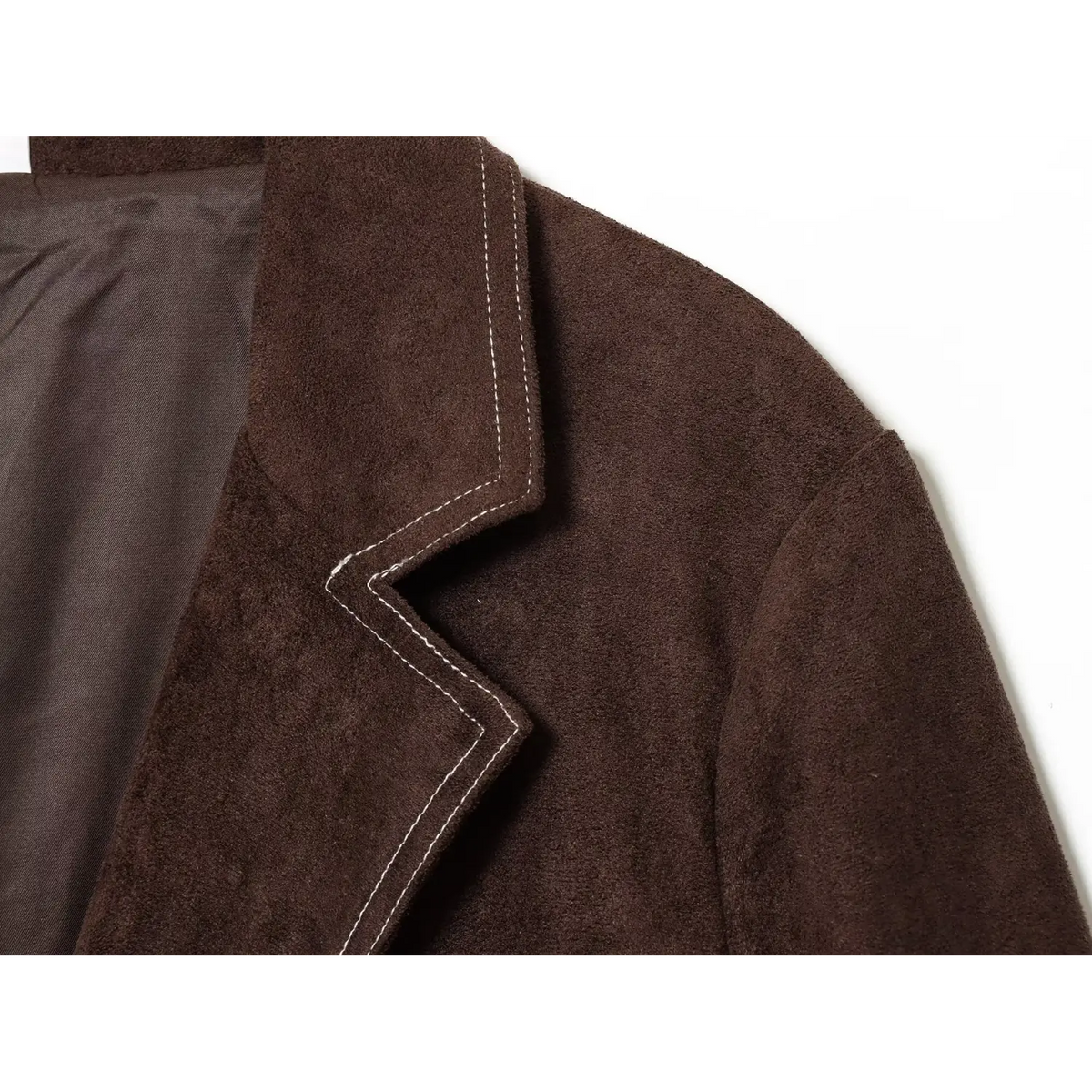 Close-up of lapel edge and white contrast stitching