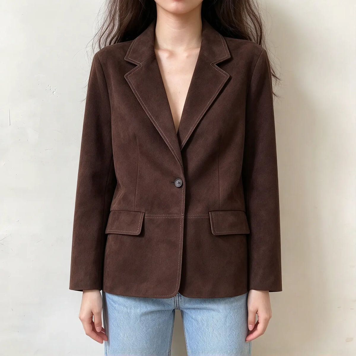 Model wearing brown faux suede contrast stitch blazer, front view